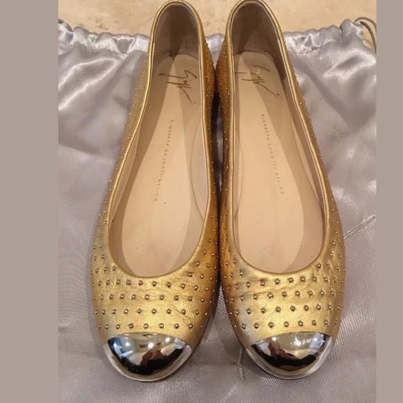 GIUSEPPE ZANITTI Gold Ballet Flats Capped Toe 38.5 - Picture 1 of 8
